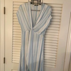 Spiaggia Dolce Cover Up Light Blue White V Plunge Neck Pom Pom Trim Maxi
